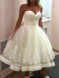 Elegant Tea Length Short Ball Gown Prom Dresses 2021 Sweetheart Strapless Back Lace-up Plus Size Formal Evening Gowns Appliques Lace Piping