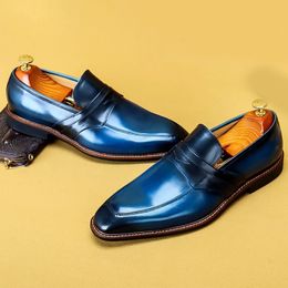 Plus Size Italian Genuine Leather Men's Formal Dress Handmade Shoes Vinbtage Square Toe Slip on Casual Man Penny Loafers