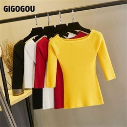 GIGOGOU Off Shoulder Half Sleeve Women Sweater Spring Autumn Pullovers Top Soft Female Jumper Sexy Knitted Crop Top Mujer Jersey 201221