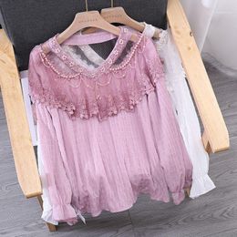 New Women Luxury Lace Beading Tassels Floral Blouses Long Flare Sleeve Shirts Woman Party Nice Elegant Blouses Tops NS7621