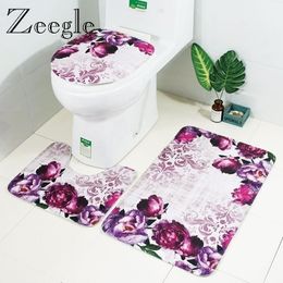 Zeegle Floral 3Pcs Bathroom Mat Set Anti-slip Bathroom Floor Rugs Cushion Toilet Seat Cover Toilet Bath Mat Bathroom Carpet Set Y200407