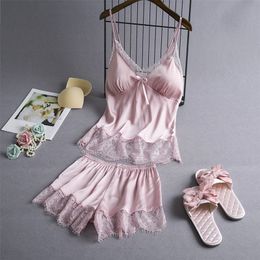 2019 Sleep Lounge Pajamas Set Sexy Satin Sleepwear Women Summer Pyjama Flower Silk Pajamas For Women With Chest Pads Y200708