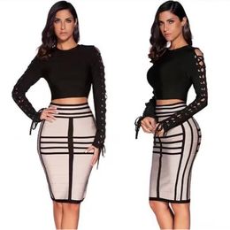 Top Quality HL Celebrity 2 Pieces Set Black Long Sleeve Knee Length Rayon Bandage Dress Cocktail Party Dress 201127