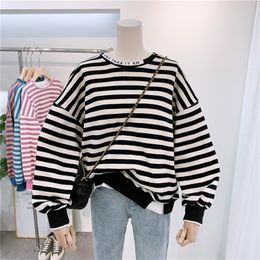 Spring Autumn Striped Sweatshirt Hoodie Women Classic Cotton Base Pullover Coat Femme Ripped Hole Street Hoodies Teen Girl T200828