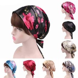 Moda mulheres noite dormindo tampão cabeça envoltório bowknot turbante pré amarrado cetim seda cetim impressão banderana chemo cabeça cabeça para chapéus de cabelo