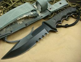 High Quality Strong Survival straight knife 5Cr13Mov Titanium Coated Serrated blade Full Tang Rubber handle With Nylon Sheath