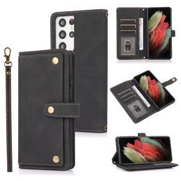Wallet Phone Cases for Samsung Galaxy S22 S21 S20 Ultra Note10 Plus Multifunction Skin-Feeling PU Leather Flip Kickstand Cover Case with Card Slots and Shoulder Strap