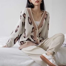 GIGOGOU Autumn Oversized Women Cardigan Sweater Tracksuits Leopard Knitted Jumper Suits + Harem Pants 2/Two Pieces Winter Sets 211221