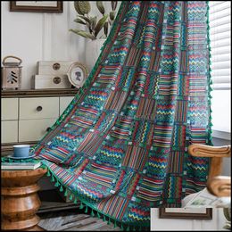 Curtain & Drapes Home Deco El Supplies Garden Colorf Geometric Shading Bedroom Curtains With Green Tassel Pendant Bohemian Imitation Yarn-Dy