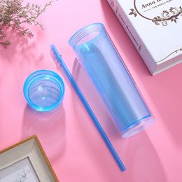 16 oz Acrylic Skinny Tumbler Double Wall Clear Drinking Cup with Lid and Straws Heat Proof Water Bottle sea shipping CCE2973