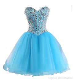 2021 Sexy Sweetheart Blue Back Short Homecoming Dresses Organza Beaded Crystal Lace Up Prom Cocktail Graduation Gown