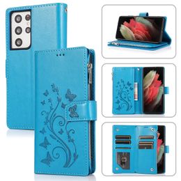 Wallet Phone Cases for Samsung Galaxy S21 S20 Note20 Ultra Note10 Plus Butterfly Embossing PU Leather Flip Kickstand Cover Case with Zipper Coin Purse and 5 Card Slots