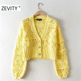 Zevity new women fashion v neck pearl button cardigan knitting sweater lady long sleeve casual hollow out sweater chic tops S396 201223