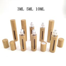 Natural Bamboo Glass Essential Oil Bottle Refillable Empty Essential Oil Perfume Fragrance Scent Steel Roller Ball Bottles For Home Travel