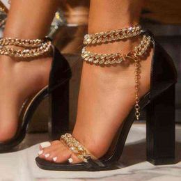 Sandals Summer for Women Pumps Gold Tone Chain Embellished Ladies High Heels Ankle Strap Chunky Fashion Female Party Shoes 220315
