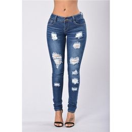 Jeans Woman Casual Mid Waist Skinny Hole Ripped Jeans for Women Fashion Denim Blue Pants Streetwear Plus Size jeans mujer D25 201105
