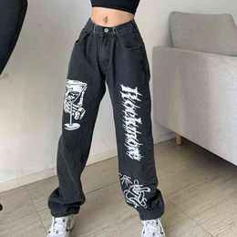 Y2K Kawaii Denim Pants E-girl Aesthetic Black Baggy Teen Jeans Cartoon Goth Punk Women Anime Print Adjustable Emo Alt Trousers Y220311
