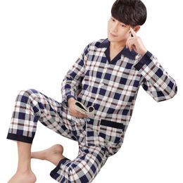 Outono inverno algodão homens pijamas de algodão plus size solta sleepwear com calças manga comprida sono homewear moda xadrez pijama para mim lj201112