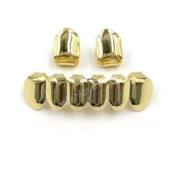 18K Real Gold Braces Plain Punk Hiphop Up 2 Bottom 6 Teeth Grillz Dental Mouth Fang Grills Tooth Cap Cosplay Party Jewellery