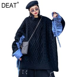 DEAT round neck full sleeves knitting pullover patchwork drawstring loose winter warm sweater female top WO12912 210203
