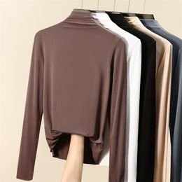 Autumn Korean Cotton T-Shirt Women Turtleneck Vintage Long Sleeve Office Lady Tshirts Brown Slim Shirt Mujer Camisetas 220226