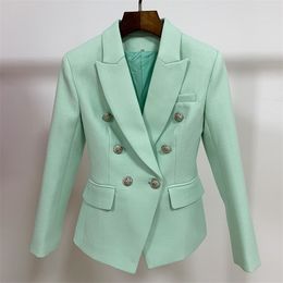 HIGH STREET Classic Baroque Designer Blazer Women's Metal Lion Buttons Double Breasted Textured Blazer Light Green 201114