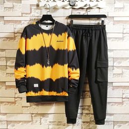 Patchwork Men's Sportswear Sets Autumn Spring Hoodies Casual Tracksuit Sweatshirt + Sweatpants Track Suit 211220
