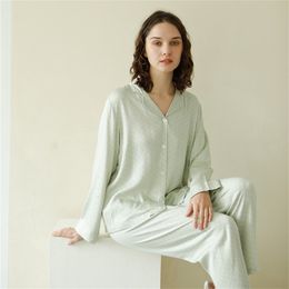 Soft Viscose Women's Long Sleeve Turn-down Collar Pajama Sets Long Pants White Dot Light Green Loose Sleepwear Spring Autumn 201217