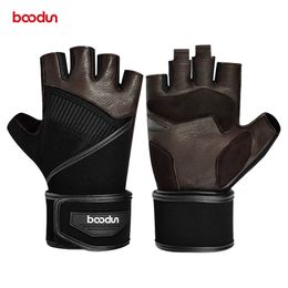 Leather Gym Gloves Men Extended Wrist Belt Half Finger Dumbbell Weight Lifting Fitness Gloves Deerskin Workout Sports Gloves Q0107