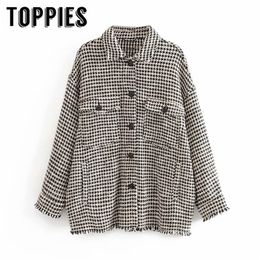 Twill Tweed Women Vintage Single Breasted Tassel European Houndstooth Jacket Plus Size Oversize Coat 201026