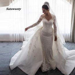 2021 Luxury Mermaid Wedding Dresses Sheer Neck Long Sleeves Illusion Full Lace Applique Bow Overskirts Button Back Chapel Train