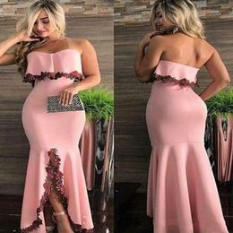 Elegant Cheap Pink Sweetheart Prom Dresses Burgundy Lace Applique Boho Sleeves High Low Backless Formal Dress Evening Party Wear Ogstuff