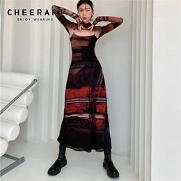 CHEERART 2 Piece Mesh Long Sleeve Punk Dres Turtleneck Midi Bodycon Ladies Runway Fashion Designer Clothes 220119
