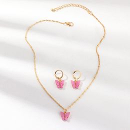 Cute Butterfly Pendant Necklaces Earrings Set For Women Girls Fashion Pink Gold Necklace Elegant Choker Fashion Sweet Jewelry Gifts