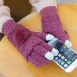 Touch Screen Gloves Women Winter Warm Double layer Separable Fingerless Female Pom Poms Mittens Femme