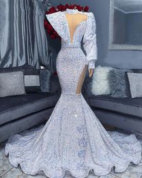 Long Sleeve Mermaid High Neck Prom Dresses 2022 White Sparkly Sequin Velvet African aso ebi Black Girls evening reception Party Gowns