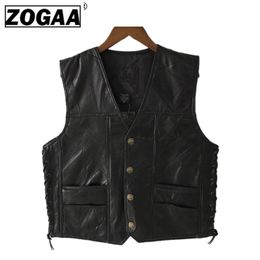 ZOGAA Motorcycle Vest Leather Men's Black Waistcoat Male Biker Punk Genuine Leather Button Lace Up Autumn Sleeveless Jacket Men 201216