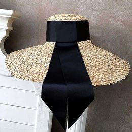 Women Classical Wheat Straw Summer Cap 18cm Large Wide Brim Sun Elegant Floppy Ribbon Beach Vocation Derby Hat Y200602