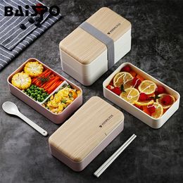 Baispo Double Layer Lunch Box 1200ml Wooden Microwave Bento Box BPA Free Workers Student Japanese Portable Food Container 201029