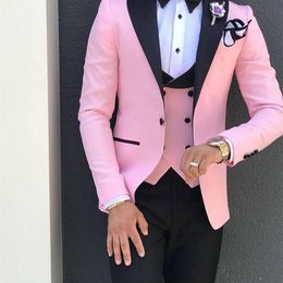 Pink With Black Lapel Suits for Men Made Terno Slim Groom Custom 3 Piece Wedding Mens Suit Masculino(Jacket+Pant+Vest) 201027