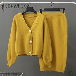 Genayooa Knitted Womens Two Piece Set Women 2 Piece Set Sweater Suit Vintage Long Sleeve Cardigan Female Midi Skirt Set 201201