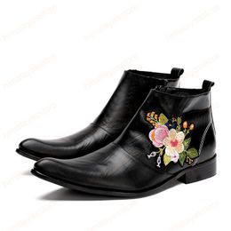 British Embroidery Plus Size Male Boots Genuine Leather Men Party Shoes Italian Handmade Pointed Toe Ankle Boots