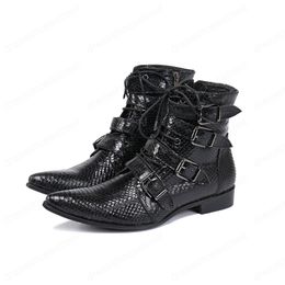 Buckle Lace Up Motorcycle Boots Genuine Leather Men Ankle Boots Plus Size Pointed Toe Cowboy Short Boots