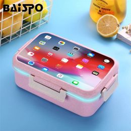 Baispo Microwave Lunch Box For Kids Portable Bento Box With compartments Wheat Straw Food Container Heated Container Kitchen 201209