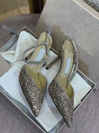 Fashion Famous Designer Romantic Bridal Wedding Sandals Shoes Women Pointed Toe High Heels Brand Lady Pumps Perfect Crystal Chain Gladiator Sandalias Gift EU35-42