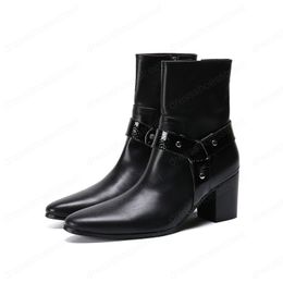Winter Men Real Leather Boots Black Buckle Men Party Short Boots Dance Increase Height High Heel Men Boots Big Size Shoes Botas