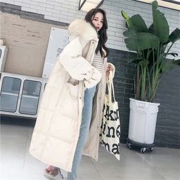 FMFSSOM Women New White Duck Down Jacket Ladys Hooded Fur Collar Long Warm Thick Jacket Female Long Sleeve Parka 200923