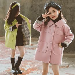 Girls Autumn and Winter Thick Woollen New Fashion Girl's Large Children's Garment Mid-Length Western Style Woollen Coat 201125