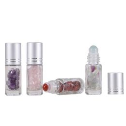 Stone Inside Gemstone Roller Glass Roll On Essential Oil Perfume Bottle For Travel Cosmetics With Black Silver Plastic Wooden Grain Lids