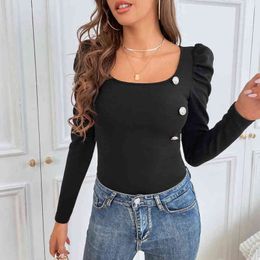 Women Black Top Inner Base Shirt 2021 Fall Winter New Fashion Sexy Square-neck Slim Tops Casual All-match Sports Coat Female H1230